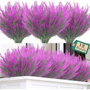 12 Bundles Artificial Lavender Flowers Outdoor UV Resistant Fake Flowers(Purple)